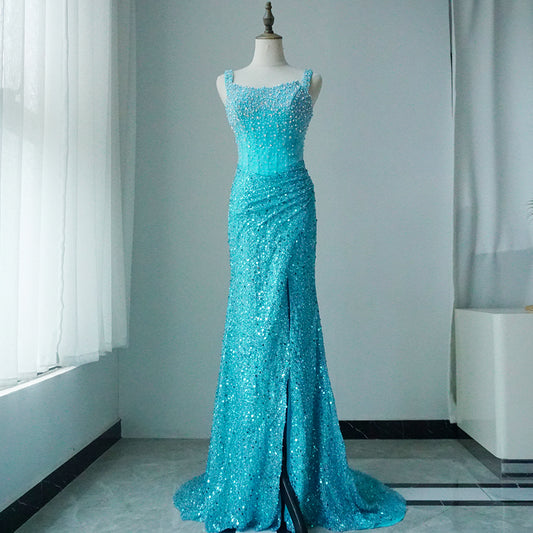 Luxury Dubai Beige Mermaid Floor Length Evening Gowns Luxury Beaded Crystal Spaghetti ED500630 Strap Party Drsses For Women