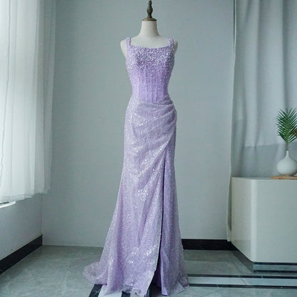 Luxury Dubai Beige Mermaid Floor Length Evening Gowns Luxury Beaded Crystal Spaghetti ED500630 Strap Party Drsses For Women