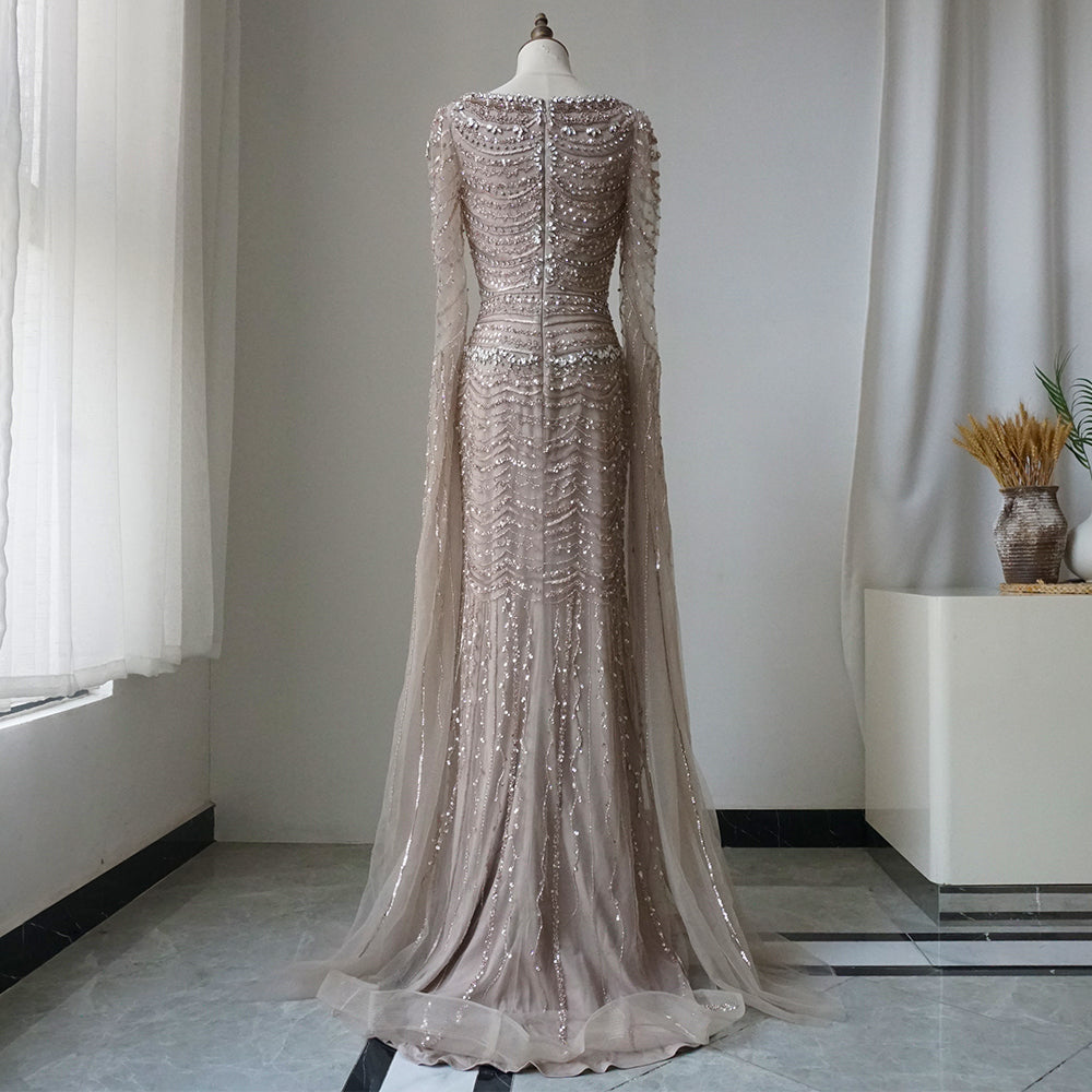 Luxury Beaded Caramel Evening Dress with Cape Sleeve ED500663
