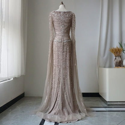 Luxury Beaded Caramel Evening Dress with Cape Sleeve ED500663