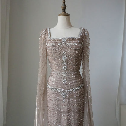Luxury Beaded Caramel Evening Dress with Cape Sleeve ED500663