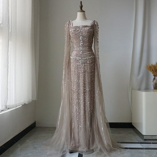 Luxury Beaded Caramel Evening Dress with Cape Sleeve ED500663