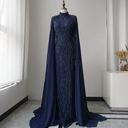 Luxury muslim Sage Green Evening Dresses Gowns with Cape Long Sleeves ED500681