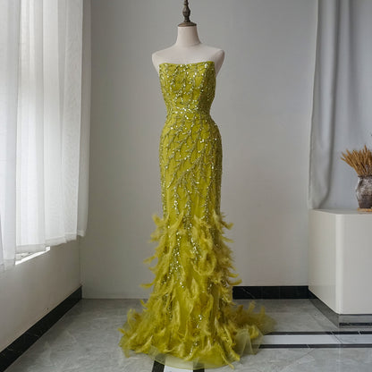 Orange Spaghetti Strap Mermaid Evening Dresses Gowns Luxury Feathers Beaded for Women Wedding Party ED500697