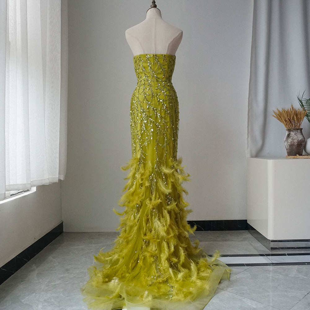 Orange Spaghetti Strap Mermaid Evening Dresses Gowns Luxury Feathers Beaded for Women Wedding Party ED500697