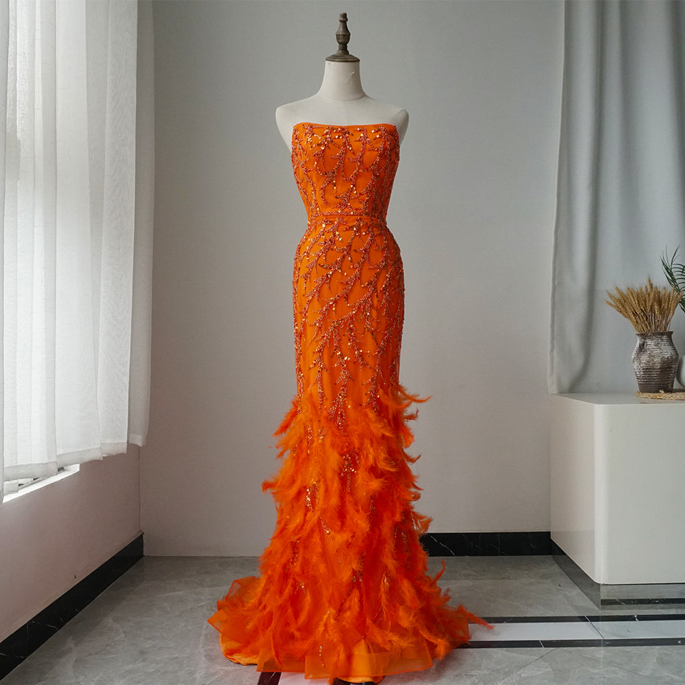 Orange Spaghetti Strap Mermaid Evening Dresses Gowns Luxury Feathers Beaded for Women Wedding Party ED500697