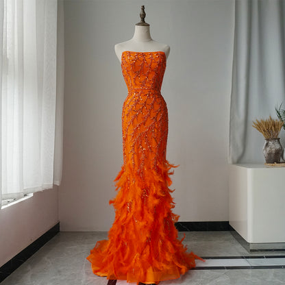 Orange Spaghetti Strap Mermaid Evening Dresses Gowns Luxury Feathers Beaded for Women Wedding Party ED500697