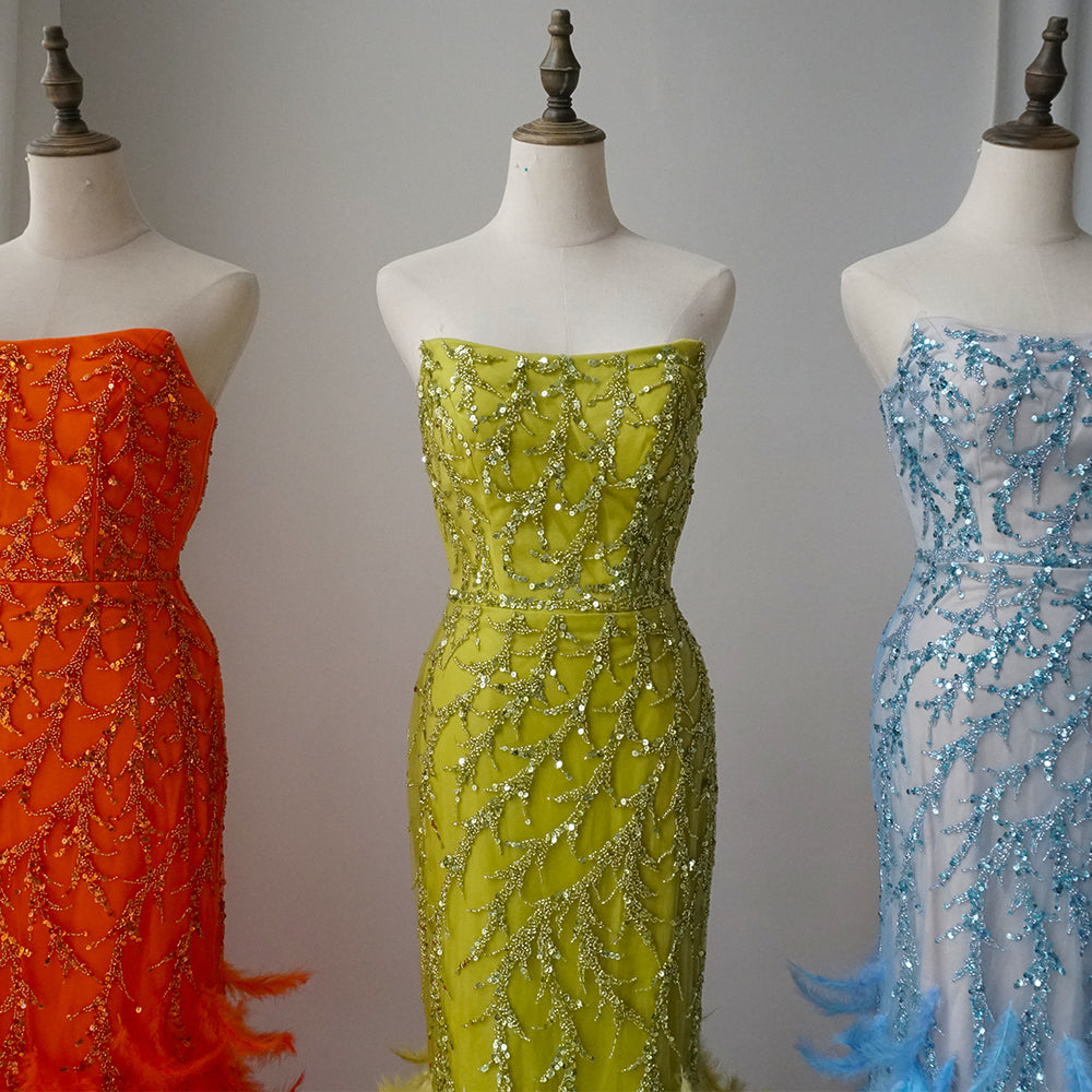 Orange Spaghetti Strap Mermaid Evening Dresses Gowns Luxury Feathers Beaded for Women Wedding Party ED500697