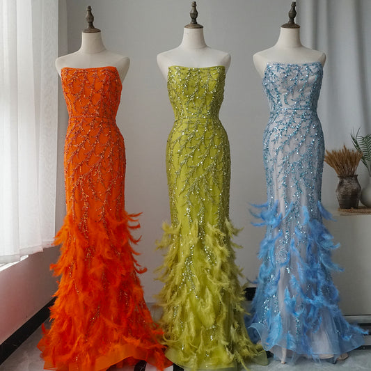Orange Spaghetti Strap Mermaid Evening Dresses Gowns Luxury Feathers Beaded for Women Wedding Party ED500697