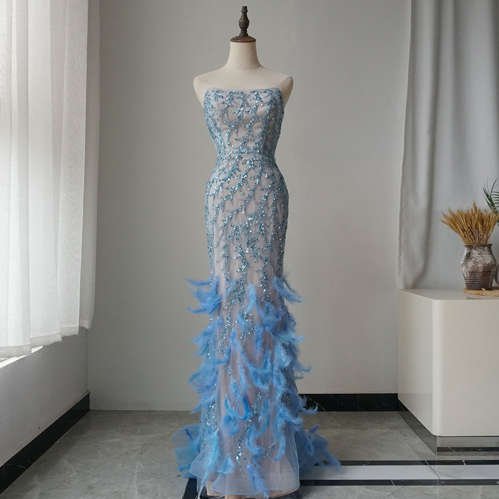 Orange Spaghetti Strap Mermaid Evening Dresses Gowns Luxury Feathers Beaded for Women Wedding Party ED500697