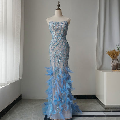 Orange Spaghetti Strap Mermaid Evening Dresses Gowns Luxury Feathers Beaded for Women Wedding Party ED500697
