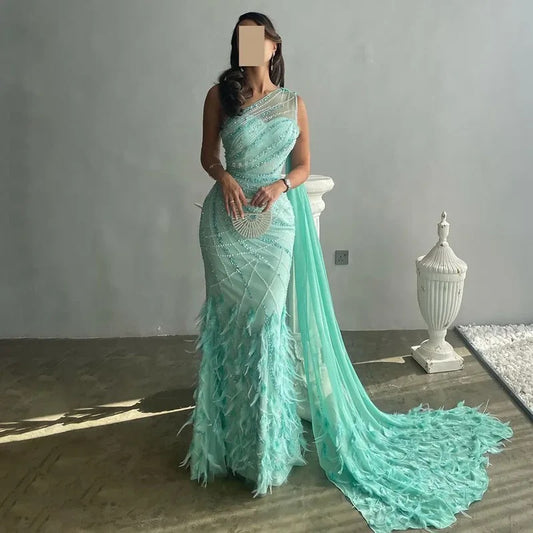 Feather Turquoise Aqua One Shoulder Mermaid Evening Dress with Cape