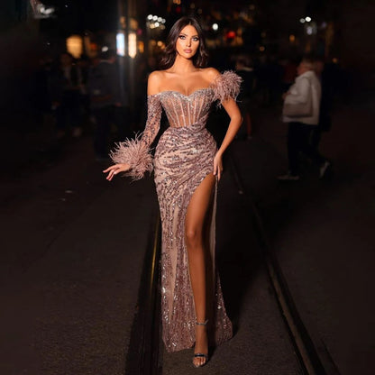 Rose Gold Off Shoulder One Sleeve Mermaid Feathers Evening Dresses High Split Sexy Party Gowns For Women ED500624