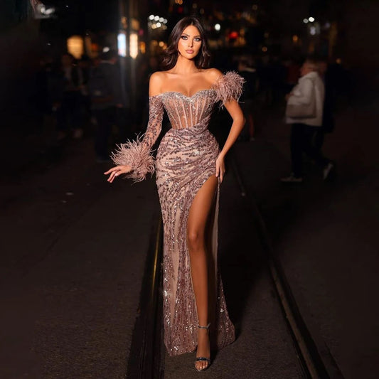 Rose Gold Off Shoulder One Sleeve Mermaid Feathers Evening Dresses High Split Sexy Party Gowns For Women ED500624
