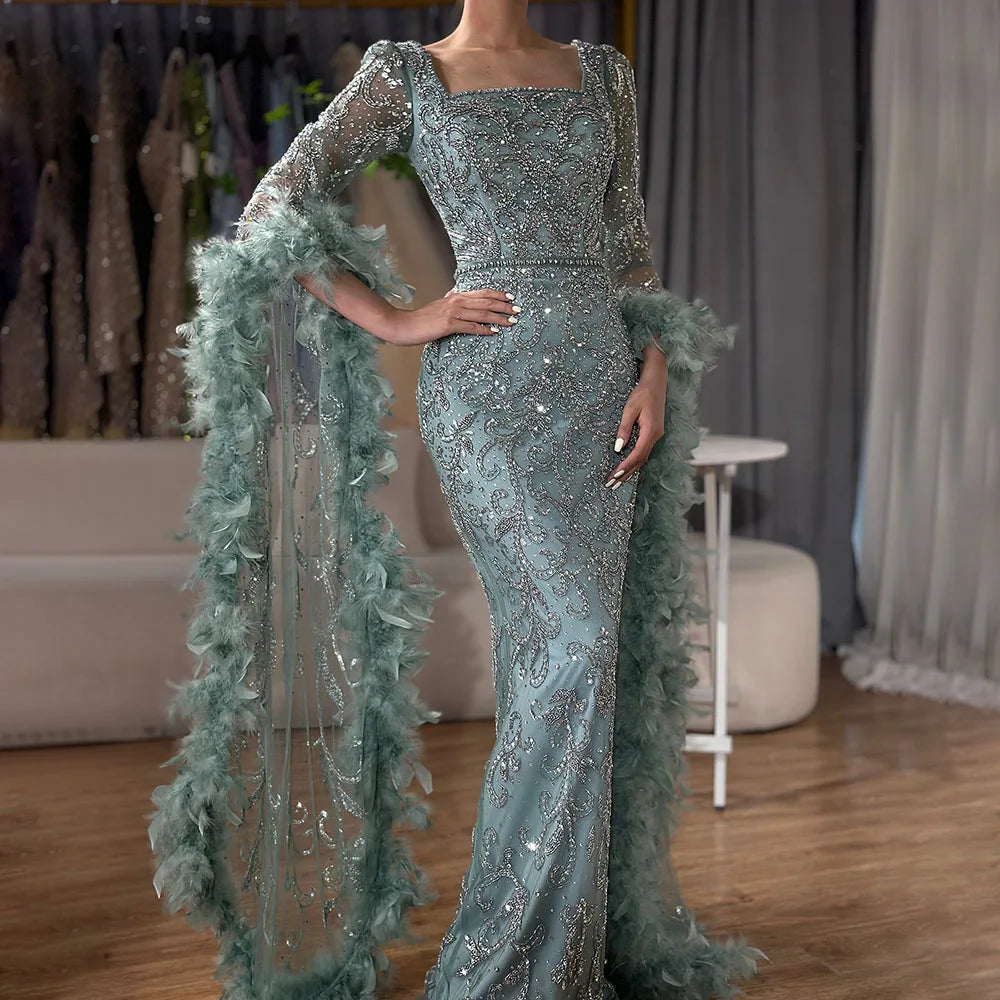 Alacati Flared Sleeves Mermaid Turquoise Beaded Feather Luxury Evening Dresses Gowns for Formal Occasion 2025