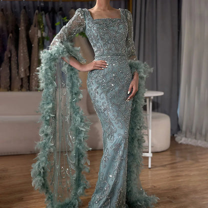 Alacati Flared Sleeves Mermaid Turquoise Beaded Feather Luxury Evening Dresses Gowns for Formal Occasion 2025