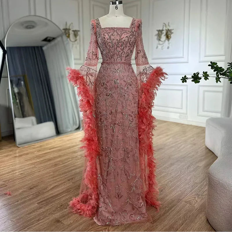 Alacati Flared Sleeves Mermaid Turquoise Beaded Feather Luxury Evening Dresses Gowns for Formal Occasion 2025