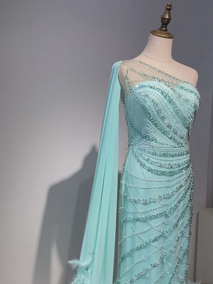Feather Turquoise Aqua One Shoulder Mermaid Evening Dress with Cape ED500683