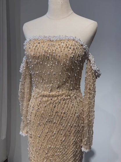 2025 Elegant White Nude Arabic Evening Gown Beaded Dress with Gloves for Formal Occasion