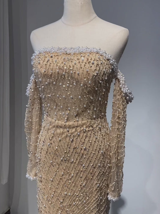 2025 Elegant White Nude Arabic Evening Gown Beaded Dress with Gloves for Formal Occasion