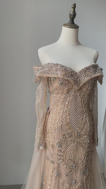 Nude Mermaid Elegant Beaded Luxury Evening Dress Gown with Overskirt ED500662