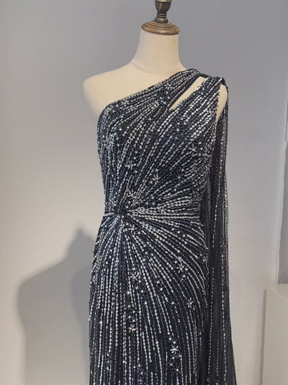 2025 Saudi Black High Split Mermaid One Shoulder Beaded Evening Dresses Gowns for Formal Occasion ED500688