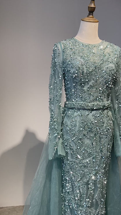 Luxury Dubai Turquoise Mermaid Evening Dress with Tulle ED500658