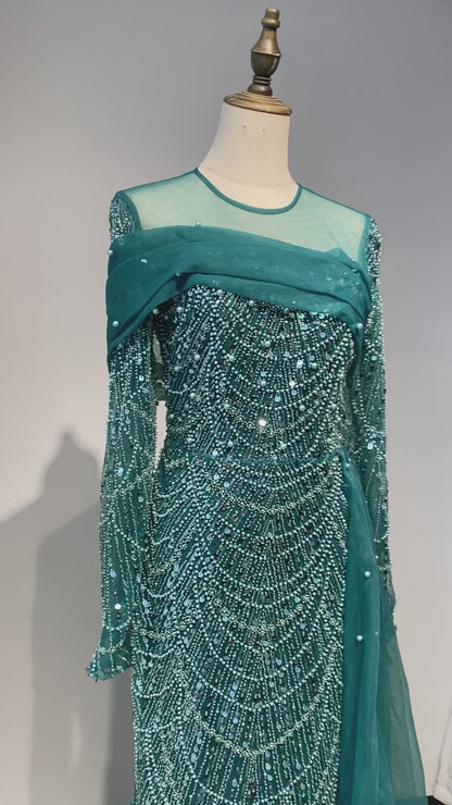 Luxury Champagne Mermaid Long Sleeves Arabic Evening Dress ED500610