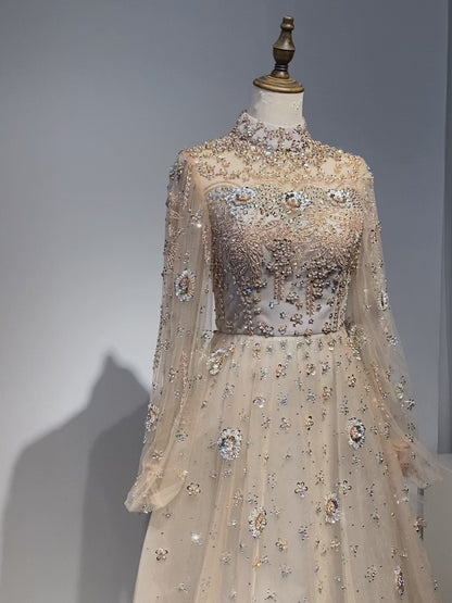 Alacati Elegant Champagne Evening Dress with Long Sleeves