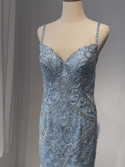 Arabic Blue Spaghetti Strap Feathers Beaded Luxury Dubai Evening Dresses Gowns For Women Wedding Party 2025