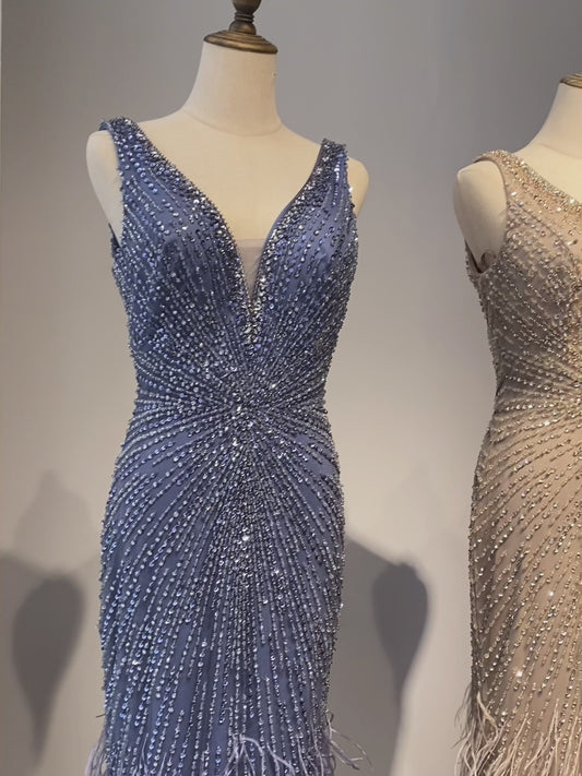 2025 Blue Spaghetti Strap Luxury Dubai Evening Gowns with Feathers and Beading for Women Wedding Party