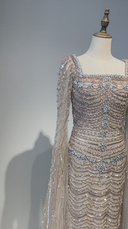 Luxury Beaded Caramel Evening Dress with Cape Sleeve ED500663