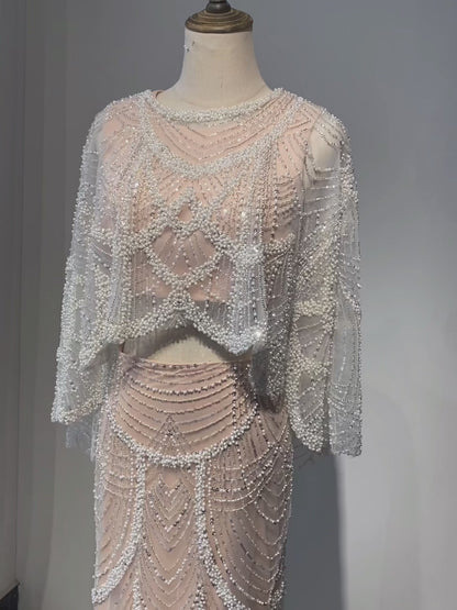 Luxury Beaded Nude Two Pieces Evening Dress