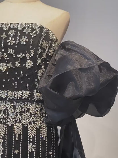 2025 Black Beaded Mermaid Evening Dresses Gowns with Puff Sleeves Overskirt for Formal Occasion