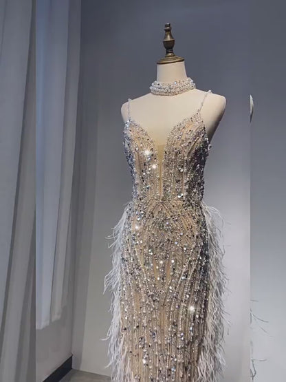 Alacati White Nude Mermaid Spaghetti Strap Beaded Feather Evening Dresses Prom Gowns 2025 For Woman Wedding Party Customized ED500522
