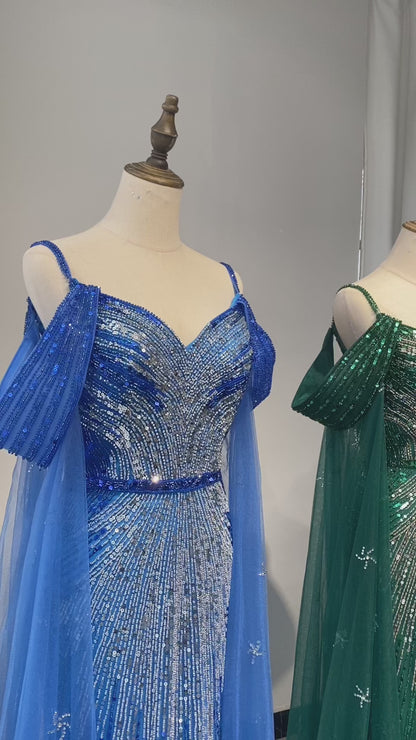 Alacati2025 Spaghetti Strap Blue Mermaid Beaded Luxury Evening Dress with Cape Sleeves for Formal Occasion Saudi ED500680