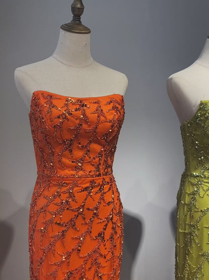 Orange Spaghetti Strap Mermaid Evening Dresses Gowns Luxury Feathers Beaded for Women Wedding Party ED500697