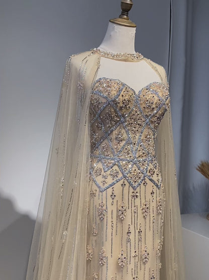 Luxury Dubai Nude Saudi Evening Gown Mermaid Detachable Cape Sleeves Luxury Beaded Dress for Formal Occasion