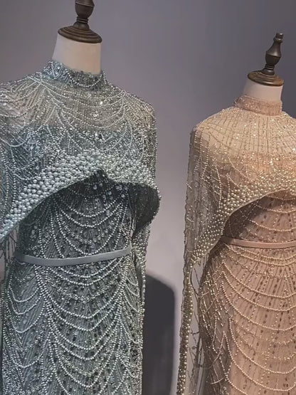 Alacati Nude Mermaid Long Cape Luxury Saudi Arabic Evening Dresses Gowns 2025 For Formal Occasion  Customized ED500458