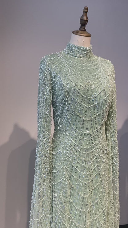 Luxury Dubai Muslim Sage Green Pearls Evening Dress With Cape Plus Size ED500601