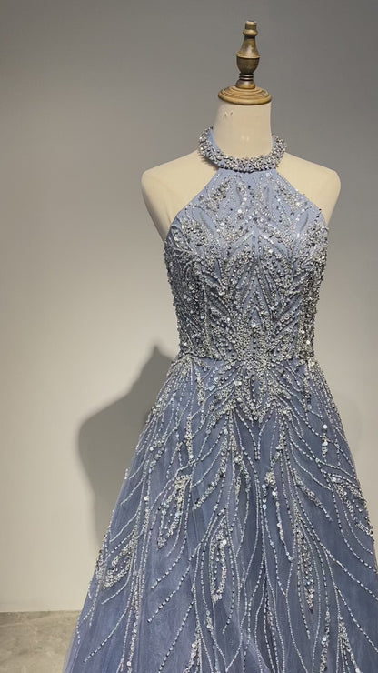 Alacati Elegant Blue Arabic A-line Halter Gown Luxury Dubai Evening Dress for Women Wedding Party 2025