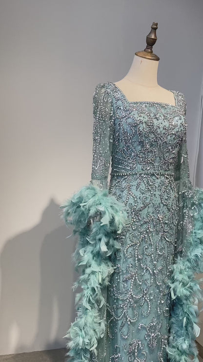 Alacati Flared Sleeves Mermaid Turquoise Beaded Feather Luxury Evening Dresses Gowns for Formal Occasion 2025
