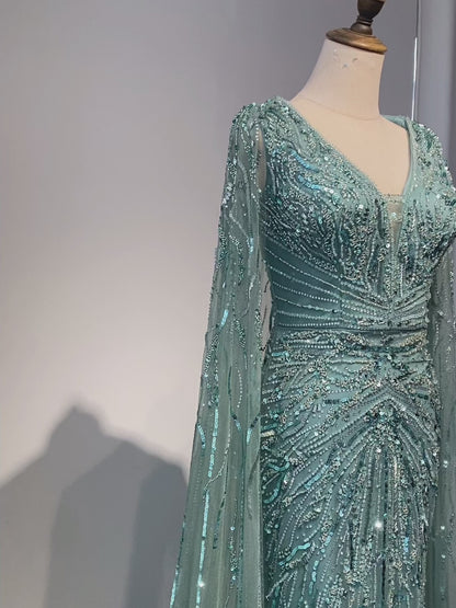 Luxury Dubai Turquoise Mermaid Evening Dresses with Cape V-Neck